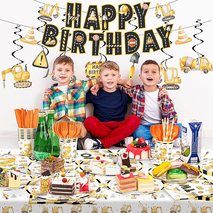 201pcs Construction 2nd Birthday Party Decorations 2nd Plates Napkins Tableware Set Disposable Paper Cup Banner Hanging Swirl Tablecloth for Boys Construction Two Years Old Party Supplies Serves 24