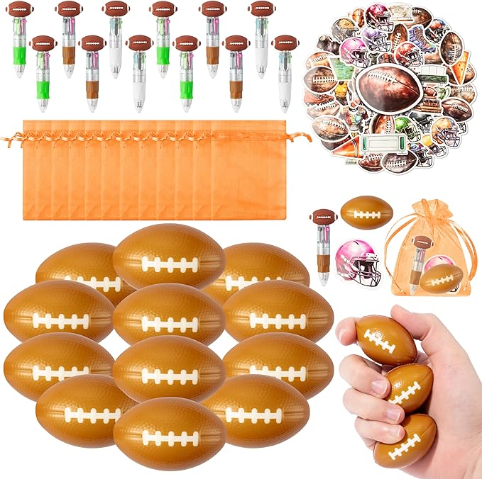 CY2SIDE 12 Pack Football Squeeze Toy Party Favor Gift Set with Ballpoint Pen Sticker and Organza Bag 2’’ Football Foam Stress Ball Bulk Classroom Prize for Kid Sport Lover Birthday Goodies Bag Stuffer
