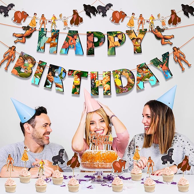 "Tarzn Theme Birthday Party Supplies – Jungle Safari Adventure Decorations – Includes Happy Birthday Banner, Cake Topper, Cupcake Toppers, Garland, and Jungle Party Table Décor for Celebrations"