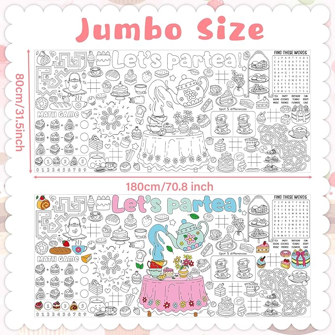 Naozinebi Spring Tea Time Giant Coloring Poster for Kids Large Coloring Tablecloth Big Paper Sheets Page Flower Table Cloth DIY Activity Game Art Crafts Mat Wall Home Party Decoration Supplies