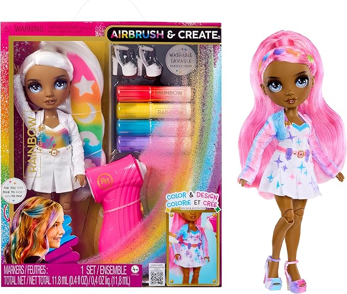 Rainbow High Air Brush & Create DIY Fashion Doll with Airbrush Marker Kit, Washable Rainbow Markers, Long Hair, Grey Eyes, Color, Create, Play, Rinse and Repeat. Creative 4-12+