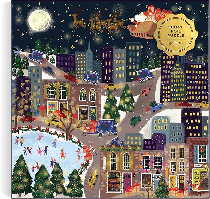 Galison Presentville 500 Piece Holiday Foil Puzzle Featuring Beautiful Artwork of A Cozy and Festive City Scene by Joy Laforme