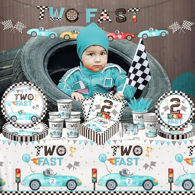142pcs Two Fast Birthday Party Tableware Decorations for Boys Blue Race Car Checkered Flags Racing Wheel Disposable Plates,Tablecloth,Napkins,Cups,Forks and Knives for