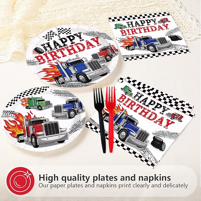 96Pcs Semi Truck Birthday Party Decorations Truck Car Happy Birthday Plates and Napkins Sets Transportation Theme Decorations for Truck-Theme Transportation Construction Bday Party Supplies Serves 24