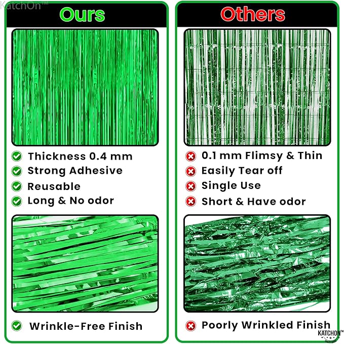 KatchOn, Green Streamers - 3.2x8 Ft, Pack of 2 | Green Backdrop for Dinosaur Birthday Decorations | Backdrop for Ramadan, St Patricks Day Decorations | Door Streamers for Jungle, Safari Party Decor
