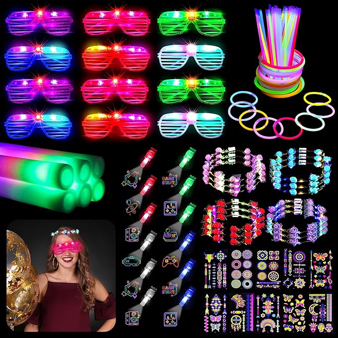 Elcoho 102 Pcs Glow In The Dark Party Supplies LED Light Up Party Favors with Shutter Glasses Garlands Tattoo Stickers Glow Sticks Finger Lights for Birthday Neon Parties Wedding Concert Raves