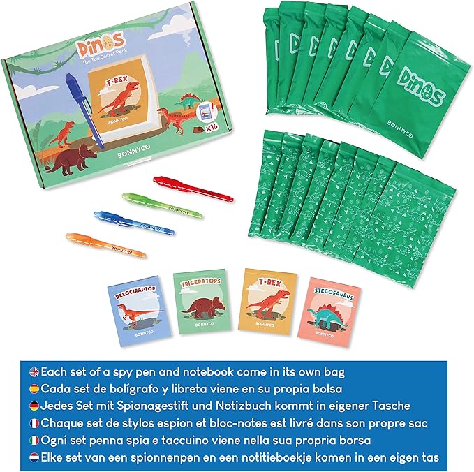 BONNYCO Invisible Ink Pen and Notebook Pack 16, Dinosaur Party Favors for Kids. Magic Spy Pen Goodie Bags Stuffers for Kids, Dinosaur Birthday Party Supplies. Goody Bag Stuffers, Return Gifts Prizes