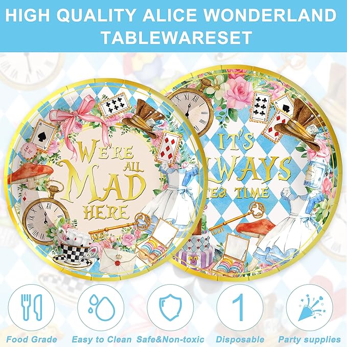120PCS Wonderland Themed Party Supplies for Girls Kids Birthday Party Decorations Tea Party Tableware Set Plates Napkin Cups Set for 20 Guests