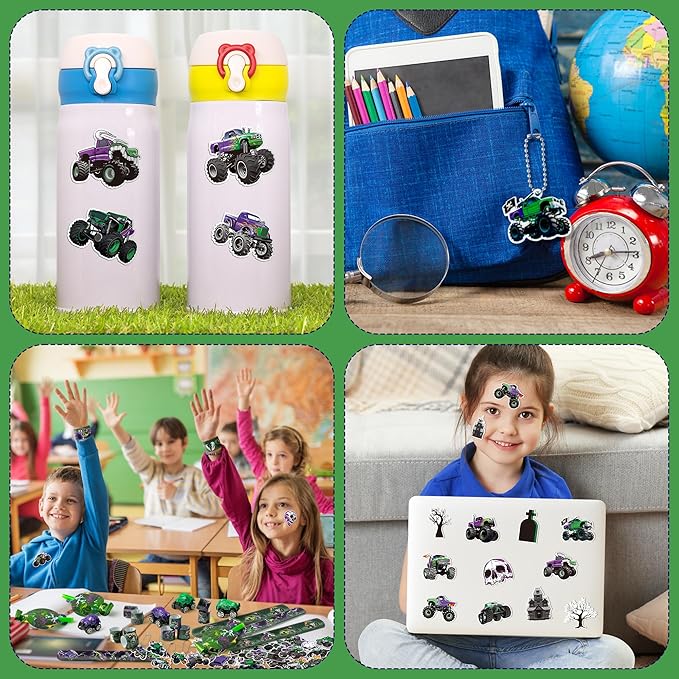 Haooryx Green Purple Monster Truck Party Favor - 122Pcs Monster Truck Slap Bracelets Sticker Blowouts Noisemaker Mini Vehicles Car Toy Keychain waith Gift Bag for Kids Birthday Party Goodie Bag Supply