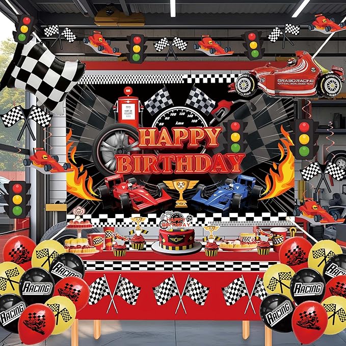 Happy Birthday Decorations For Women Men,Birthday Backdrop,Banner Balloons,Table Cloth,Paper pom poms Party Supplies for Girls Boys (Race car)