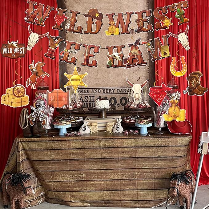 Western Cowboy Party Decorations Wild West Banner Brown Wood Tablecloth Western Hanging Swirl Decorations for Cowboy Birthday Party Supplies (4, Brown, Large)