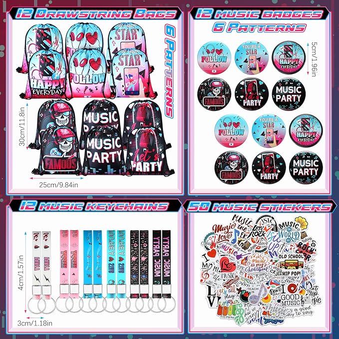 Jexine 128 Pcs Music Theme Party Supplies Include 12 Silicone Bracelets, 12 Keychains, 12 Badges, 12 Pencils, 12 Drawstring Bag, 18 Spiral Notepads, 50 Musical Stickers for Kids Birthday Party (Music)