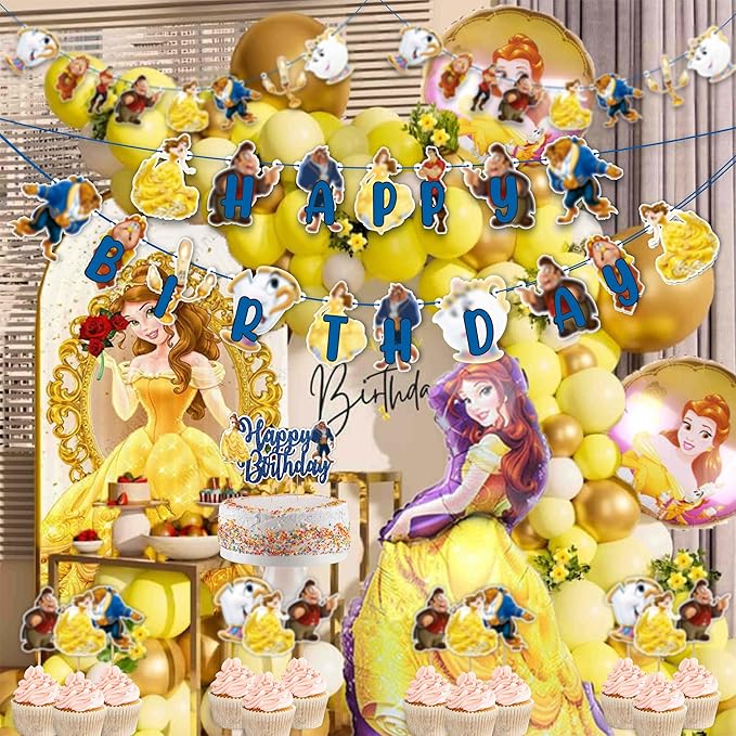 "Bauty & The Bast Theme Birthday Party Supplies – Princess Fairy Tale Party Decorations – Includes Happy Birthday Banner, Cake Topper, Cupcake Toppers, Garland & Table Décor for Celebrations"