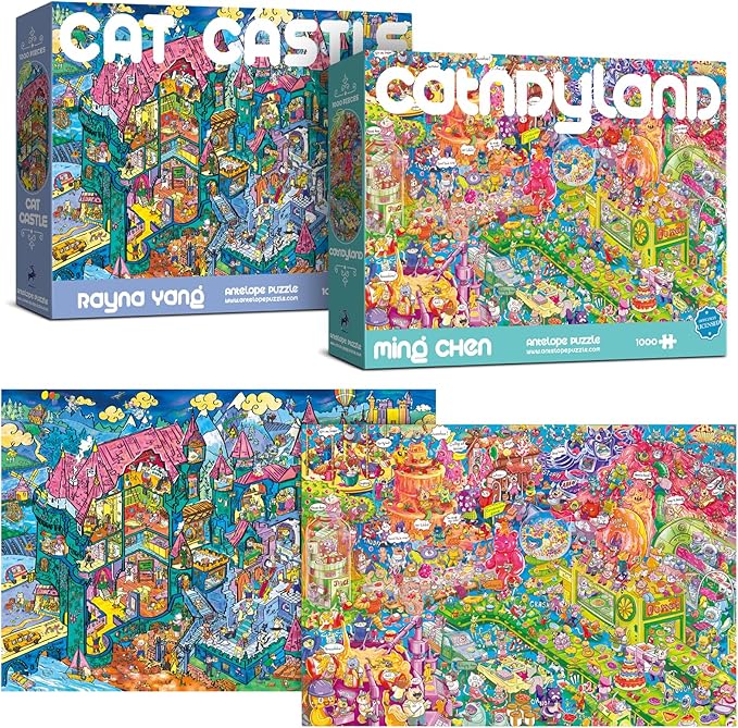 Antelope 2 in 1 1000 Piece Puzzle Bundle - Catndyland - 1000 Piece Jigsaw Puzzle with Cat Castle