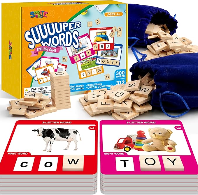 Word Spelling Game, 312 Wooden Letters Tiles & 300 Common Words for - CVC, CVCC, CCVC, Sight Word & First Word Learning, Montessori Early Educational Tool for Kids 4-9, Autistic Toys for Grades 1-3