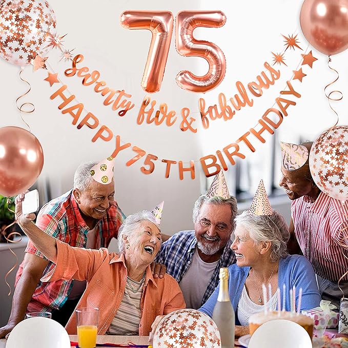 Rose Gold Seventy Five & Fabulous Happy 75th Birthday Banner Garland Foil Balloon 75 for Womens 75th Birthday Decorations Hanging 75 and Fabulous Cheers to 75 Years Old Birthday Party Supplies