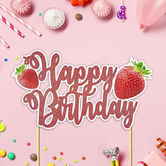 Real Strawberry Happy Birthday Cake Topper – Fresh Fruit Theme Cake Decoration for Birthday Celebration, Strawberry Inspired Dessert Topper for Party Cakes, Table Display Styling, Photo Setup.