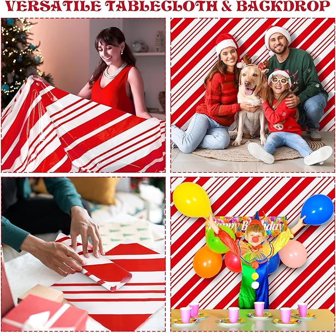 Kochorie 100 ft x 54 in Christmas Candy Cane Striped Tablecloth Roll with Slide Cutter Box Red and White Table Cover Christmas Tablecloth Wall Backdrop Xmas Home Holiday Party Supplies
