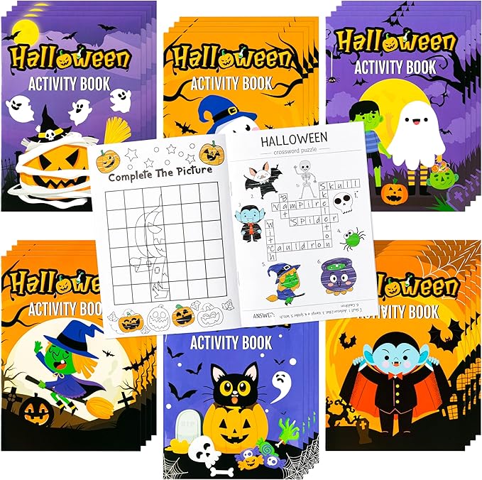 24Pcs Halloween Coloring Book Mini Game Color-in Pages Activity Book Set with Maze Crossword Puzzle Games Theme Party Favors Holiday Event Gift School Classroom Recreation Supplies for Kids
