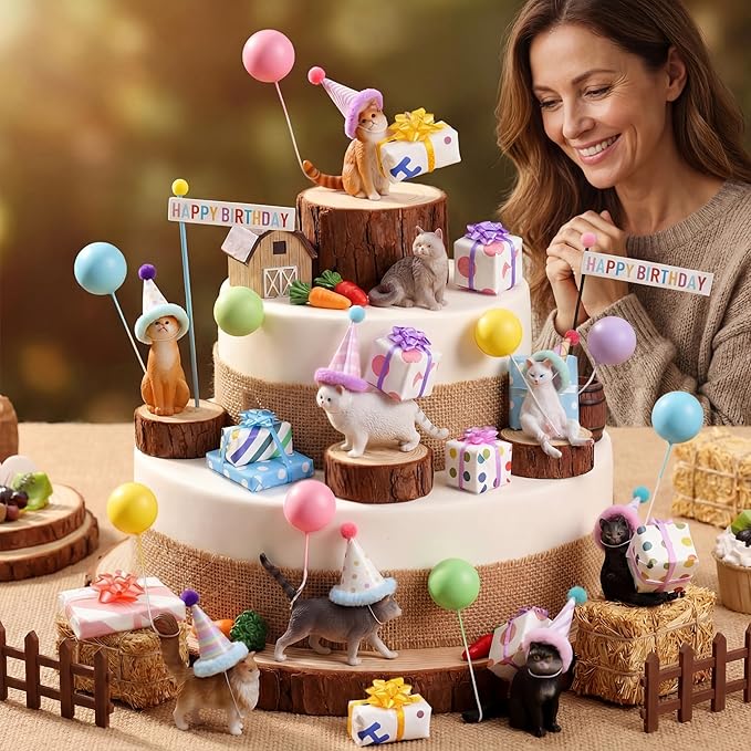 Weysat 37 Pcs Cat Birthday Party Decorations, Cat Cake Cupcake Toppers with Mini Hats Miniature Flags Gift Boxes Balls Figure Models for Kitty Birthday Party Supplies Adults