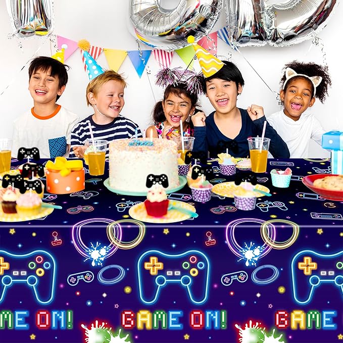 Video Game Party Tablecloths - 3Pcs Neon Video Game Birthday Party Table Covers Decorations, Game on Themed Rectangular Plastic Disposable Table Cloth Decor for Kids Birthday Gaming Events Supplies