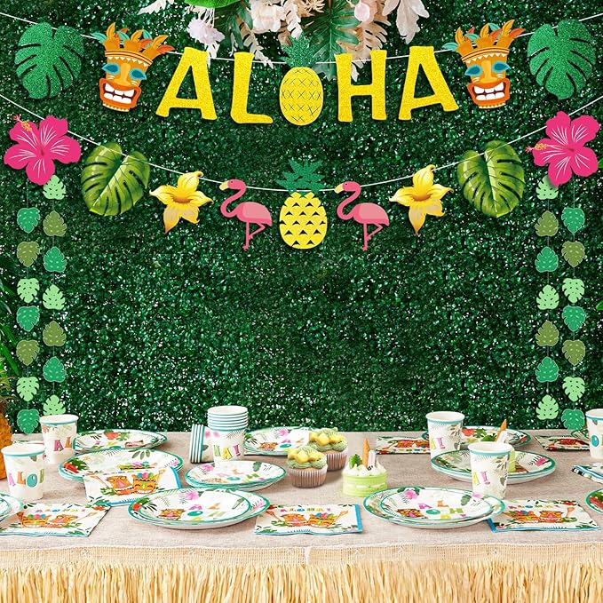 Hawaiian Aloha Party Decorations - Gold Glittery Aloha Banner for Hawaii Tropical Luau Themed Party Supplies