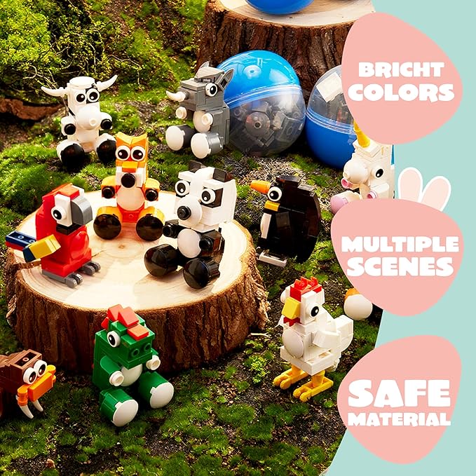 JOYIN 12 Pcs Easter Eggs Hunt Prefilled with Adorable Animal Building Blocks for Easter Party Favors, Easter Basket Stuffers, Classroom Prize Supplies