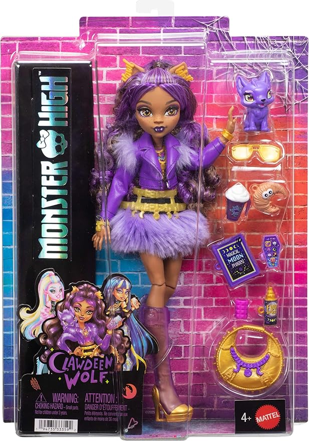 Monster High Doll, Clawdeen Wolf in Purple Moto Jacket and Furry Skirt with Pet Wolf Pup Crescent and 7 Accessories Like Book, Croissant and Purse