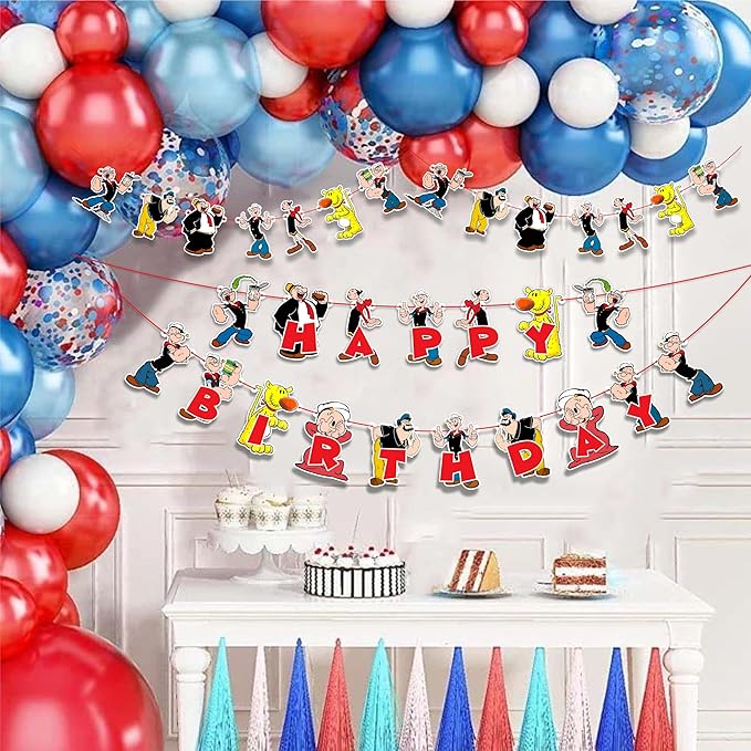 Popye Theme Birthday Party Supplies - Sailor Cartoon Inspired Party Decorations, Nautical Theme Birthday Banner, Cake Topper & Cupcake Decoration Set, Sea Adventure Celebration Decor