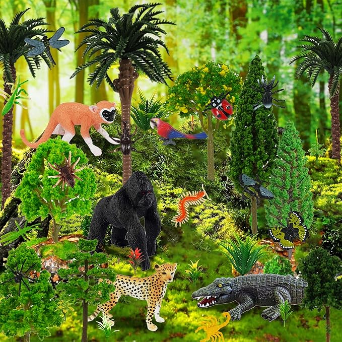 45 PCS Rainforest Animals Insect Figures Mixed Plastic Model Trees Forest for Rainforest Cake Topper Birthday Party Supplies Decorations