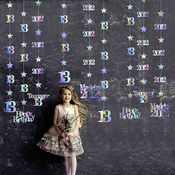 12PCS Iridescent 13th Birthday Decorations Number 13 and 2012 Star Garland Hanging Streamer Banner Backdrop for Girls Cheers to 13 Years Old Birthday Made in 2012 Official Teenager Party Supplies