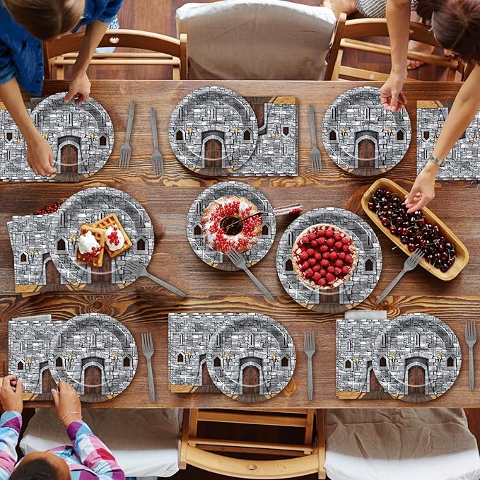 CHUNNIN 96PCS Medieval Plates Napkin Halloween Castle Party Decorations Castle Knight Birthday Dessert Plates Medieval Themed Tableware Set for 24 Guests Kids Birthday Baby Shower Party Supplies