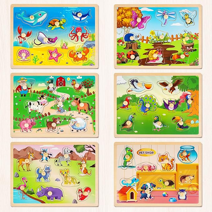SYNARRY Wooden Puzzles for Toddlers 1-3, 6XSET Animals Puzzles for Toddlers 2-4 with Rack, Toddler Puzzles Ages 2-4, Kids Learning Educational Montessori Toys, Easter Basket Stuffers for Boys Girls