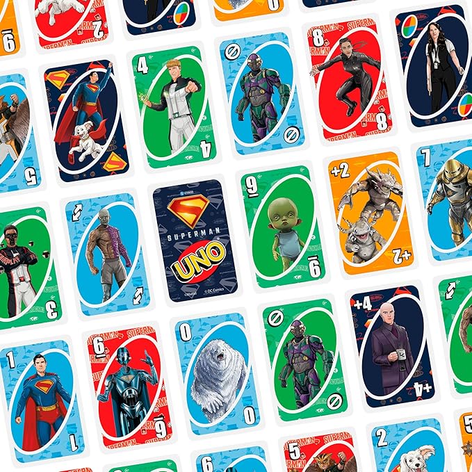 Mattel Games UNO Superman Card Game for Kids, Adults & Family Nights, Parties, Travel & Camping, Toy Collectible Inspired by The Movie