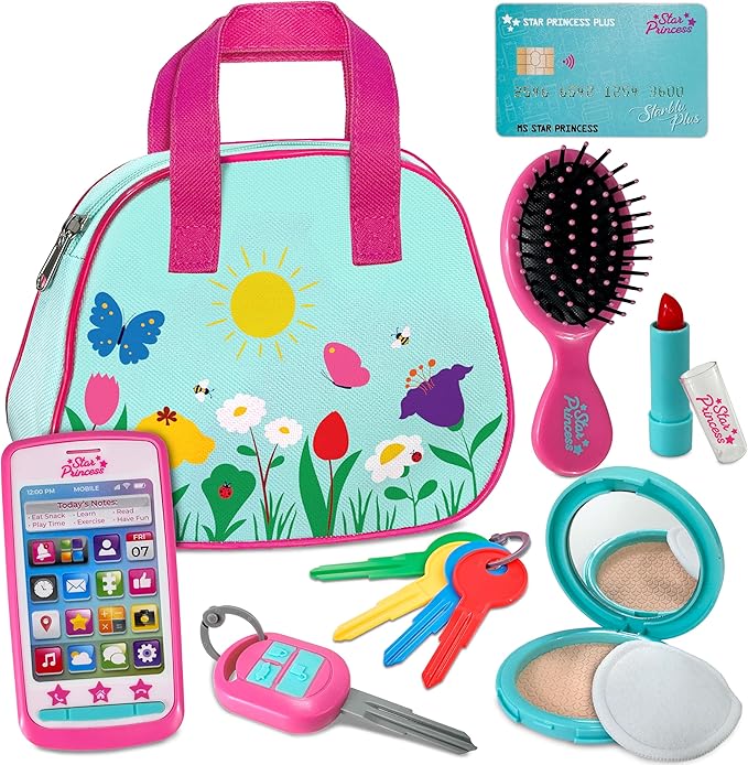 Play Purse for Toddlers with Accessories, Toddler Girl Toys 1 2 3 Years Old with Pretend Makeup, Keys, Smartphone, Toddler Toy Purse for Little Girls - Birthday Gift for Toddlers Girls Ages 2-3 - Blue