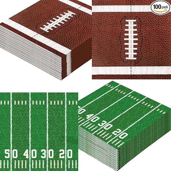 100-Pack Football Party Napkins, 2 Designs, 6.5 Inchs Disposable Paper Napkins, Football Birthday, Tailgate Party Decorations & Supplies