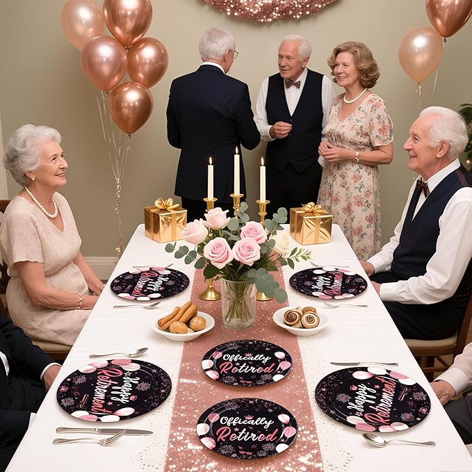 96Pcs Retirement Party Decorations Black Rose Gold Retirement Plates and Napkins Tableware Set Officially Retired Party Decoration for Women Going Away Graduation Farewell Birthday Supplies Serves 24