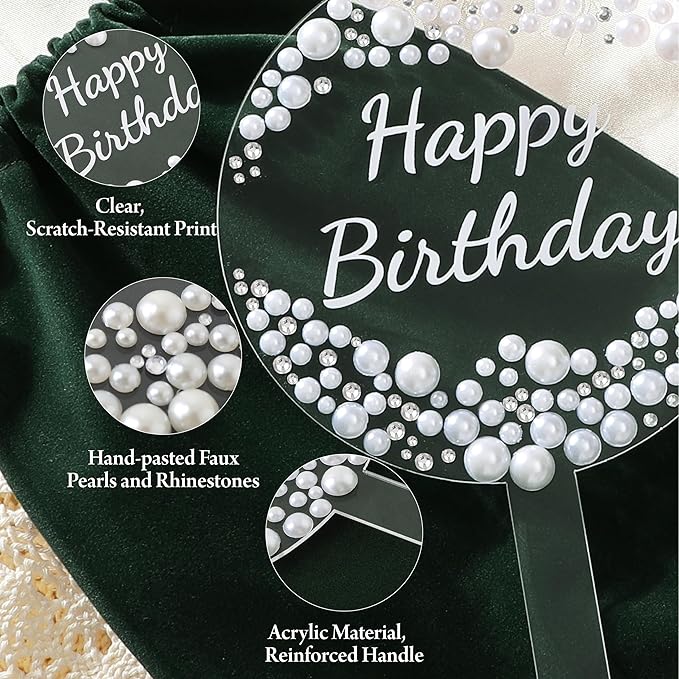 Coucoland Birthday Cake Topper - Round Acrylic Cake Decor with Sparkling Rhinestones and Pearls for Party Supplies