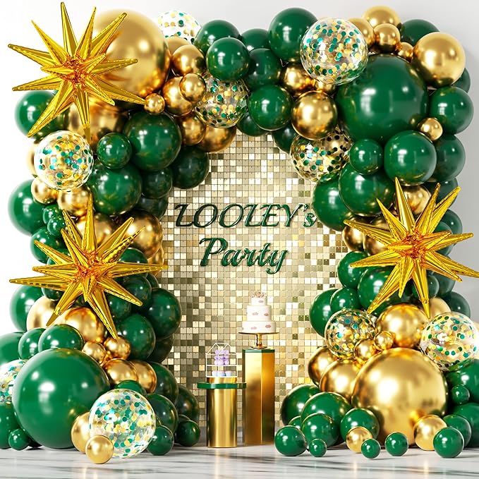 137Pcs Green and Gold Balloons Garland Arch Kit with Stars - 5 10 12 18 inch Dark Green Gold Confetti Latex Balloons for Birthday Baby Shower Emerald Green Jungle Party Decorations