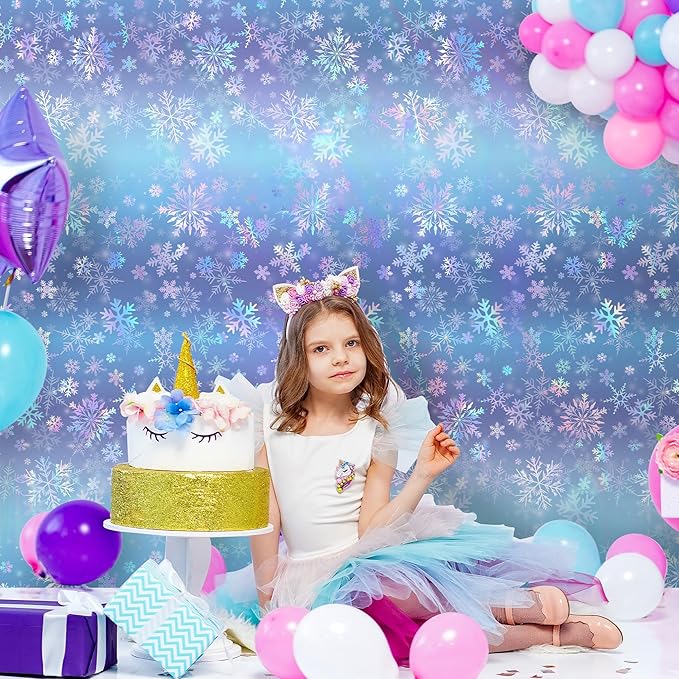 Kochorie 100 Ft x 54 Inch Iridescent Winter Snowflake Tablecloth Roll with Cutter Box Holographic Blue and Purple Snowflake Wonderland Table Cover Backdrop for Frozen Birthday Party Supplies