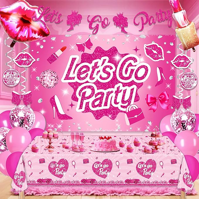 Hot Pink Party Decorations For Girls,Banner,Pink Balloons,Tablecloth,Paper pom poms Party Supplies for Women