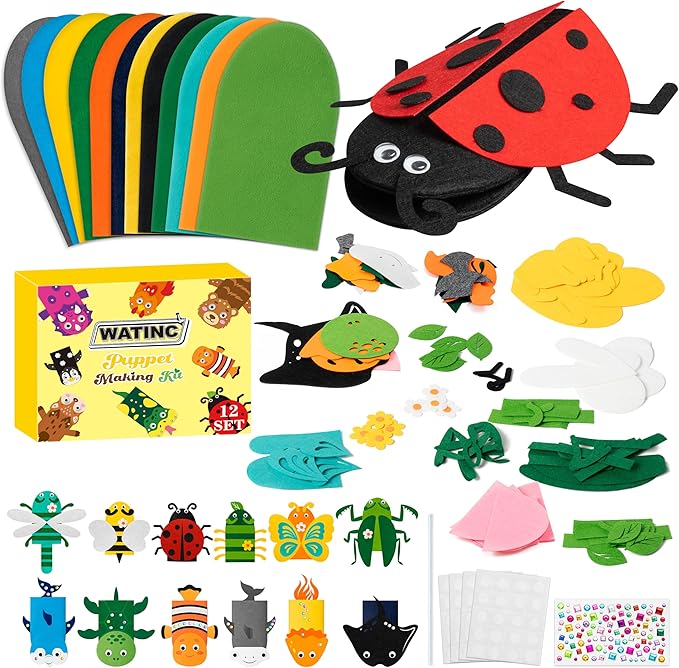 WATINC 12Pcs Hand Puppet Making Kit, Art Craft Felt Sock Puppet Toys, Creative DIY Make Your Own Pompoms Wiggle Googly Eyes Storytelling Role Play Party Supplies Gift for Girls Boys (Insect A Ocean A)