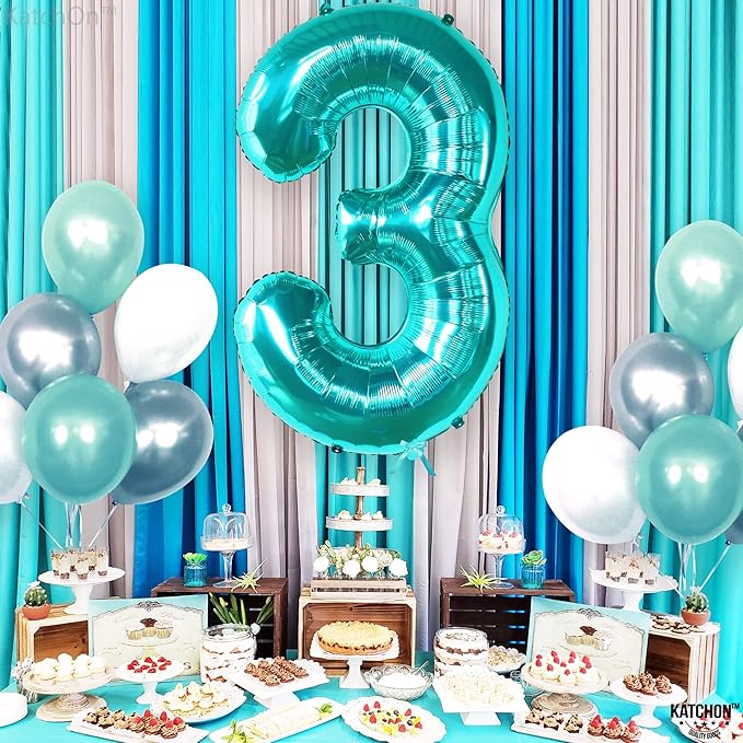 KatchOn, Teal Number 3 Balloon - Large, 40 Inch | Teal Blue 3 Balloon Number, Mermaid 3rd Birthday Decorations | Mermaid Birthday Decorations, Under The Sea Party Decorations