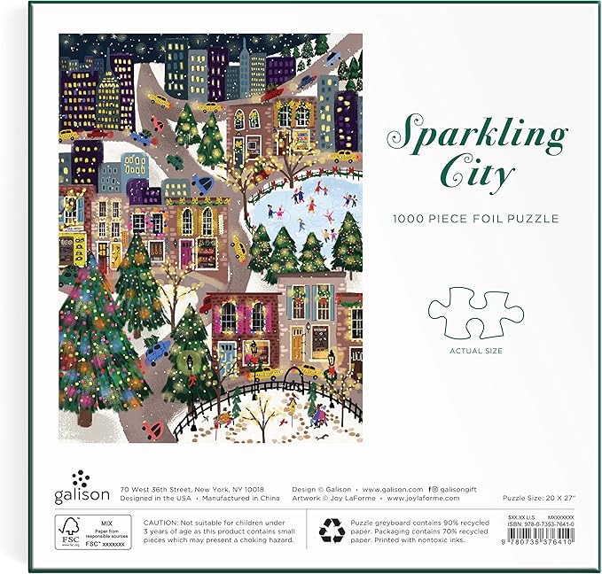 Galison Sparkling City – 1000 Piece Foil Puzzle with Illustrations of Colorful Merriments in The City with Gold Foil Accents
