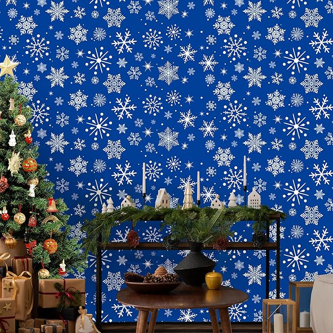 Kochorie 100 Ft x 54 Inch Blue Snowflake Tablecloth Roll with Cutter Box Christmas Themed Snowflake Printed Disposable Winter Backdrop Cut to Size Table Cover for Frozen Birthday Party Supplies