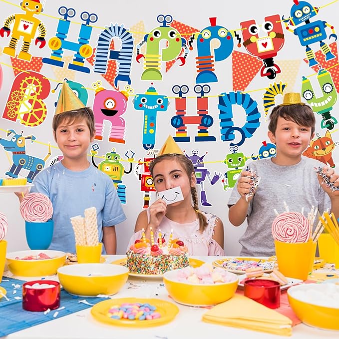 Robot Happy Birthday Banner and Party Decoration - Cartoon Hanging Decoration for Boys' Birthday - Robot Theme Party Supplies