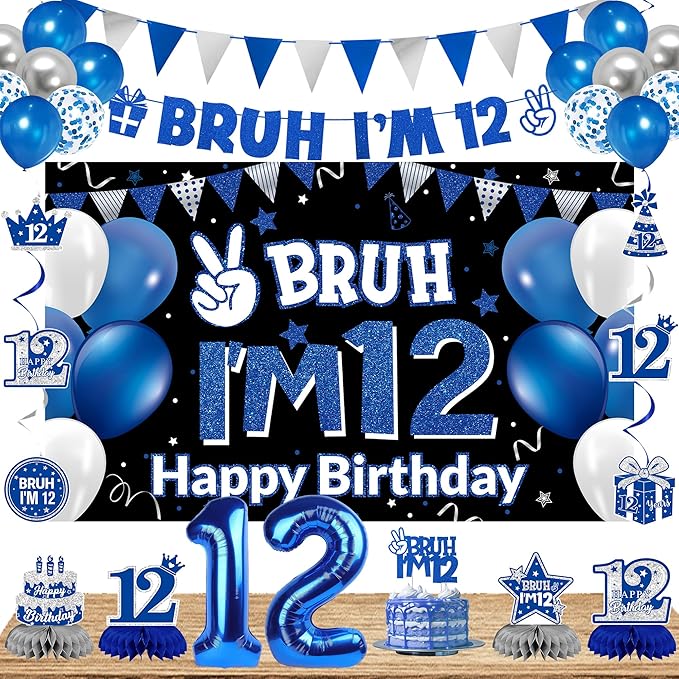 DARUNAXY 12th Birthday Party Decorations for Boys Girls, Blue Bruh I’m 12 Banner, 12 Number Balloons & Cake Topper, Sweet 12 Years Old Birthday Honeycomb Hanging Swirls Party Supplies