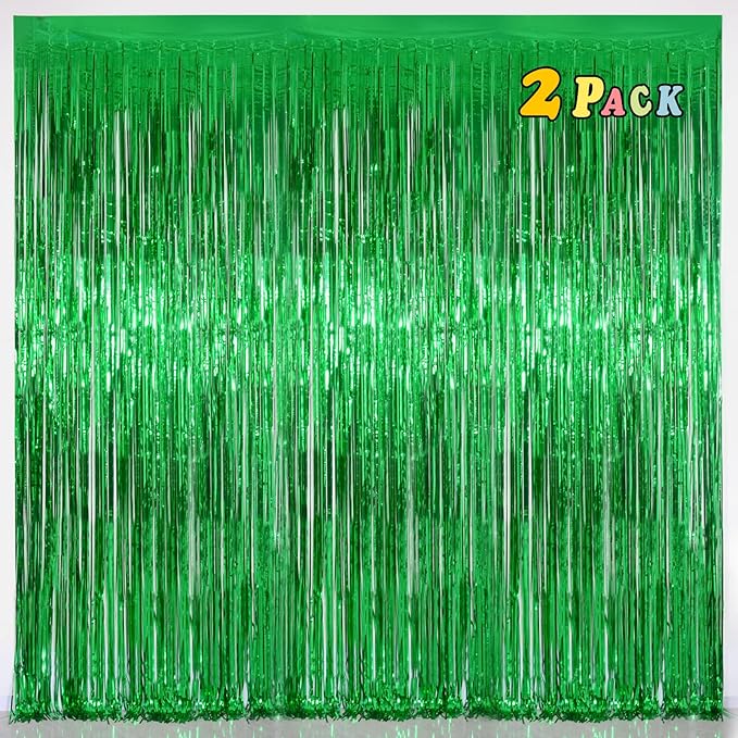 Melsan Green Fringe Backdrop Tinsel Foil Curtains for Dinosaur Jungle Birthday Party Decorations, 3.2ft x 8ft Streamer Photo Backdrop for Christmas, Football Event, Pack of 2