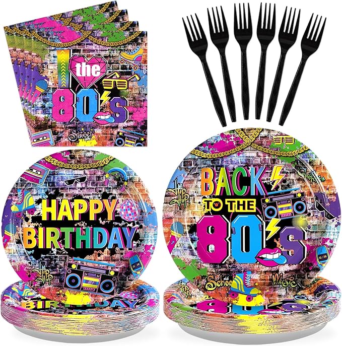 Grencian 96Pcs 80's Party Decorations Back to The 80s Plates and Napkins Disposable Hip Hop Graffiti Wall 80's Birthday Paper Tablewarefor 80s Retro Music Birthday Party Supplies, Serves 24