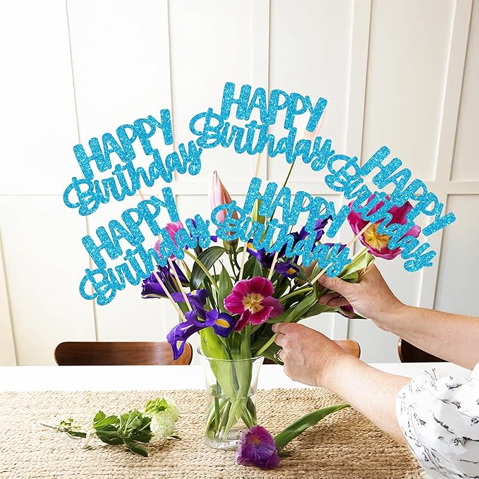Gyufise 12Pcs Happy Birthday Centerpieces Sticks Double Sided Glitter Birthday Party Decorations Anniversary Table Flower Centerpiece for Celebrating Party Supplies Blue